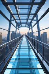 Obraz premium Skybridge walkway with transparent floor over virtual city layers background wallpaper for card invitation or phone