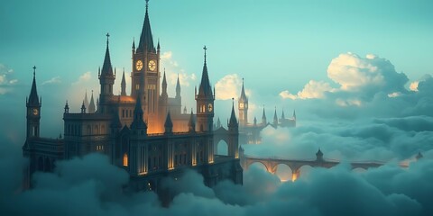 A breathtaking, eerie, creepy cityscape, ethereal and fantastical, materializes within wispy clouds. Towering spires, grand archways, and intricate bridges of luminous clouds glow in pearlescent white