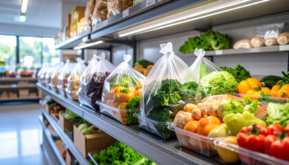 Fresh produce on display at a grocery store, including broccoli, peppers, tomatoes, and lettuce