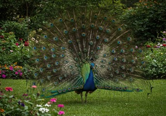 Obraz premium Peacock displaying its beautiful feathers in a garden setting