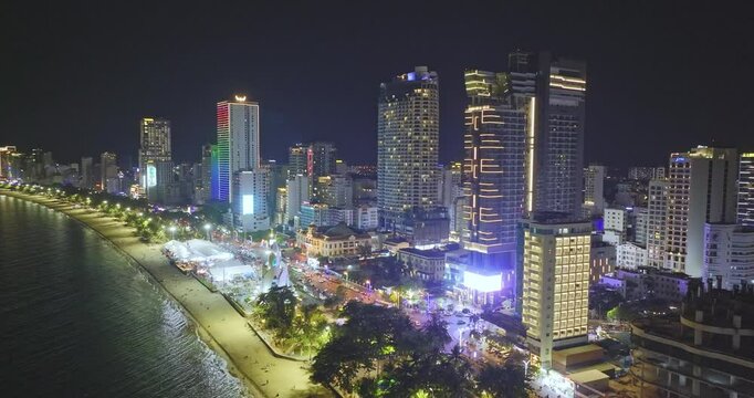 Aerial view of Nha Trang city at night. This is a famous city for cultural tourism in central Vietnam