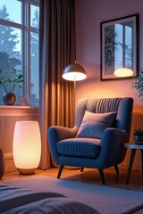 Bedroom corner with cozy armchair and softly glowing floor lamp background wallpaper for card invitation or phone