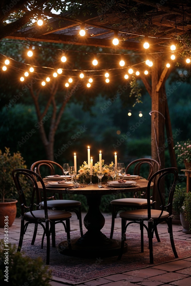 Poster candlelit dinner table under string lights in rustic garden setting background background wallpaper 