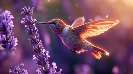 Fototapeta premium Hummingbird in lavender flowers