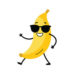 funny cartoon banana vector art character with sunglasses dancing isolated on white background.