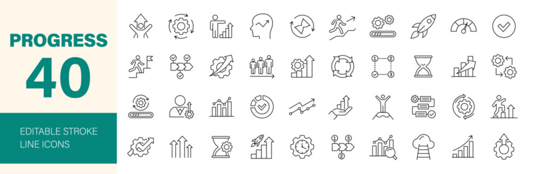 Progress icon set. Containing growth, efficiency, success, development, startup, management, organization, productivity, increase and more. Editable line icons. Vector illustration.