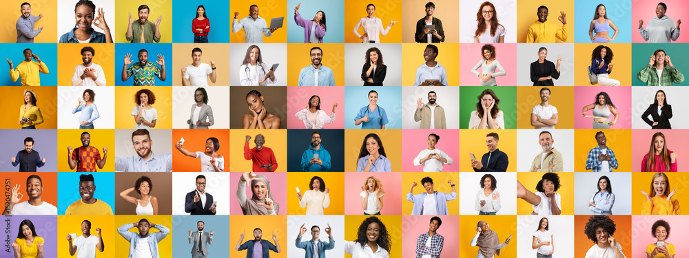 Poster This vibrant collage features a diverse array of people from various backgrounds, each expressing joy and individuality against colorful backdrops.