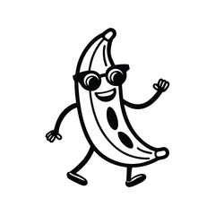 funny cartoon banana vector art character with sunglasses dancing isolated on white background.