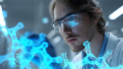 Scientist in a laboratory wearing safety goggles and examining a holographic molecular structure.