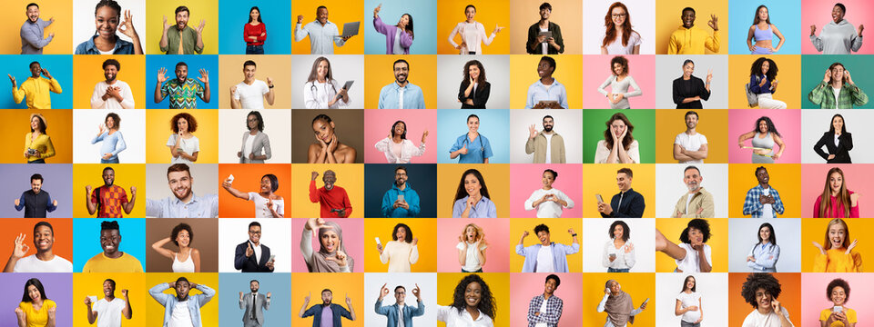 This vibrant collage features a diverse array of people from various backgrounds, each expressing joy and individuality against colorful backdrops.
