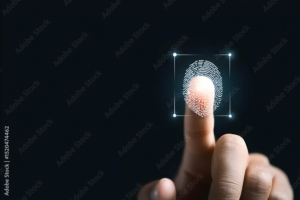 Poster a hand using a digital fingerprint scanner, showcasing modern biometric security features.