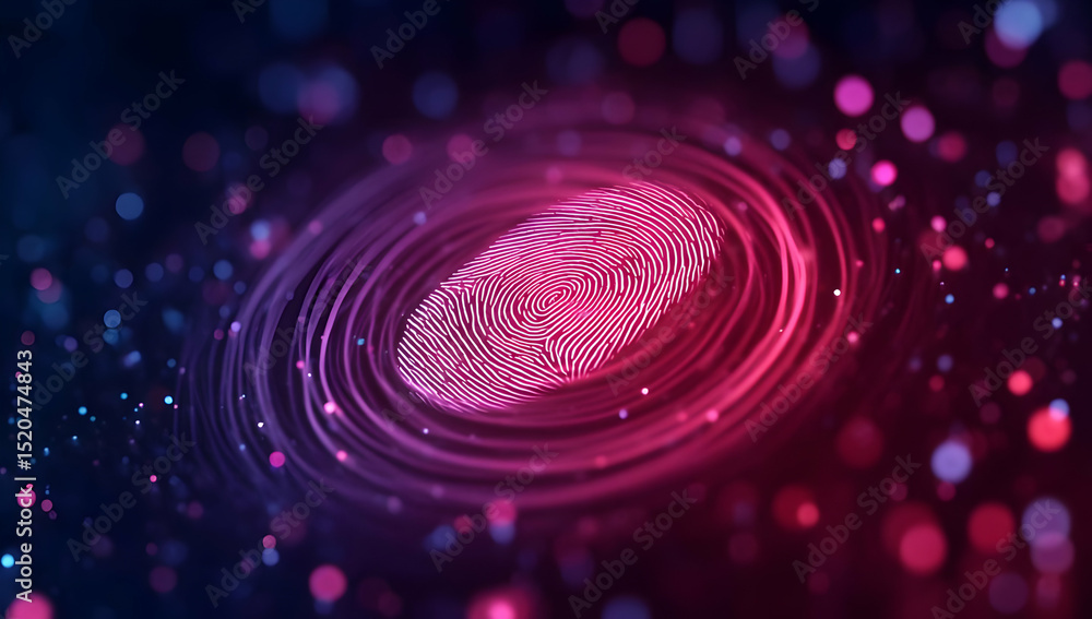 Poster a vibrant digital fingerprint design surrounded by colorful particles, representing uniqueness and i