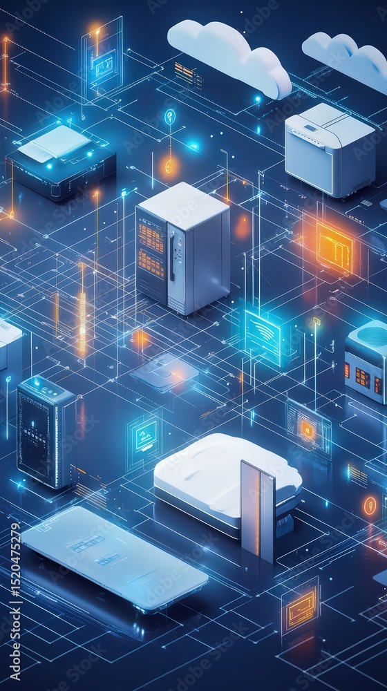 Poster digital ecosystem: interconnected servers and cloud infrastructure in a glowing matrix