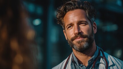 Fototapeta premium Close-up of a confident male doctor with a beard wea a stethoscope in a modern medical facility du daytime