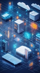 Digital Ecosystem: Interconnected Servers and Cloud Infrastructure in a Glowing Matrix