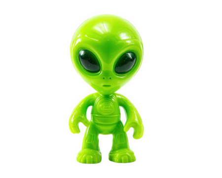 Vibrant green plastic toy alien figure stands upright, showcasing its large black eyes and smooth surface. This playful design evokes sense of fun and curiosity, perfect for imaginative play