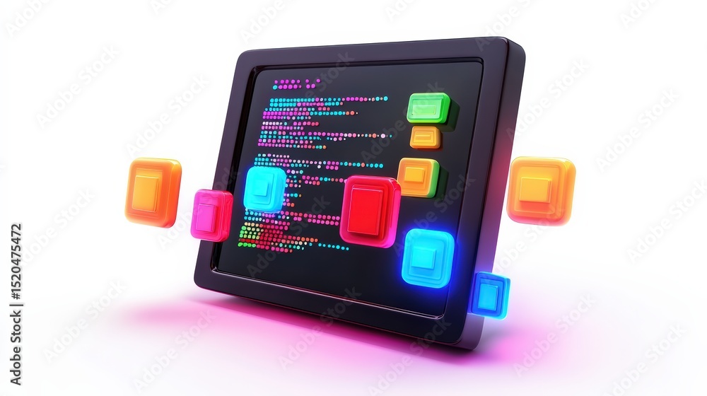 Poster digital interface with colorful glowing elements floating around the screen