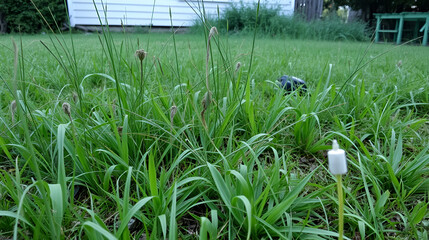 Overgrown grass and weeds on a neglected lawn , abandonment, overgrown grass, weed growth, neglected lawn
