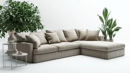 Beige sectional sofa with plants and side tables
