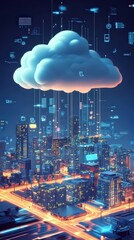 Digital infrastructure connecting cloud storage with a modern futuristic city