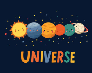 Smiling cartoon sun and six planets with faces surrounded by stars on dark background. Flat cartoon illustration. Solar system and astronomy education concept. Design for poster, wallpaper, banner