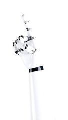 Artificial intelligence robotic hand isolated on a transparent background. The futuristic metallic hand pointing left shows an advanced design with joints and technological details. AI Tech Concept