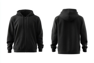 Front and back view of a plain black zip-up hoodie, showcasing its simple design and solid color