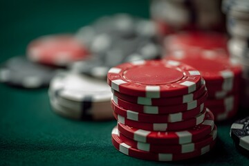 A close-up of red and black poker chips stacked on a green felt table, representing gambling, casino games, and the thrill of poker tournaments.