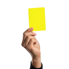 A hand holding up a yellow card from a front view on transparent background.