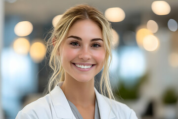 Fototapeta premium Smiling healthcare professional in modern clinic. Bright, friendly atmosphere emphasizes compassion and care.