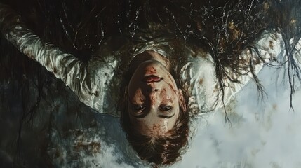 Disturbing portrait of a woman with blood, hair and dark atmosphere around her
