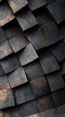 Distorted perspective featuring dark and textured wooden squares, artistic arrangement