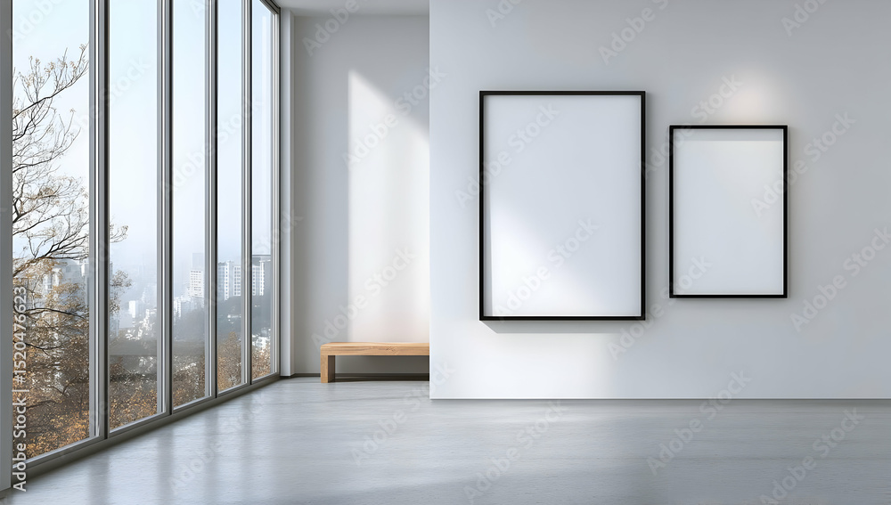 Poster a modern gallery space featuring two empty frames and large windows with a serene outdoor view.