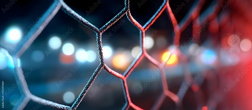 Poster close-up view of a hexagonal wire mesh with blurred lights in the background, showcasing modern mate