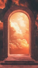Dramatic gateway to ethereal sunset, inviting passage through stone archway and celestial vista