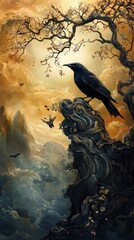 Dramatic Raven Perched on Rocky Outcrop Against Atmospheric Sky Landscape Scene