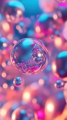 Dreamlike chromatic bubbles in iridescent hues evoke an ethereal and whimsical realm