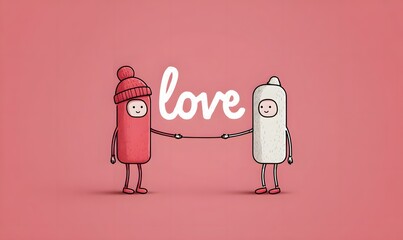 Two cartoon characters holding hands with the word love in the middle on a pink background