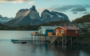 Fototapeta premium Picturesque scene of houses on stilts over water with mountains in the background view