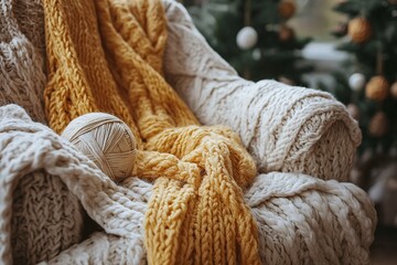 Cozy Armchair with Knitted Blanket and Yarn Ball. Winter Decor for a Relaxing Home Interior
