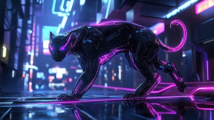 Sleek Cybernetic Panther in a Neon Futuristic Setting By Generated AI