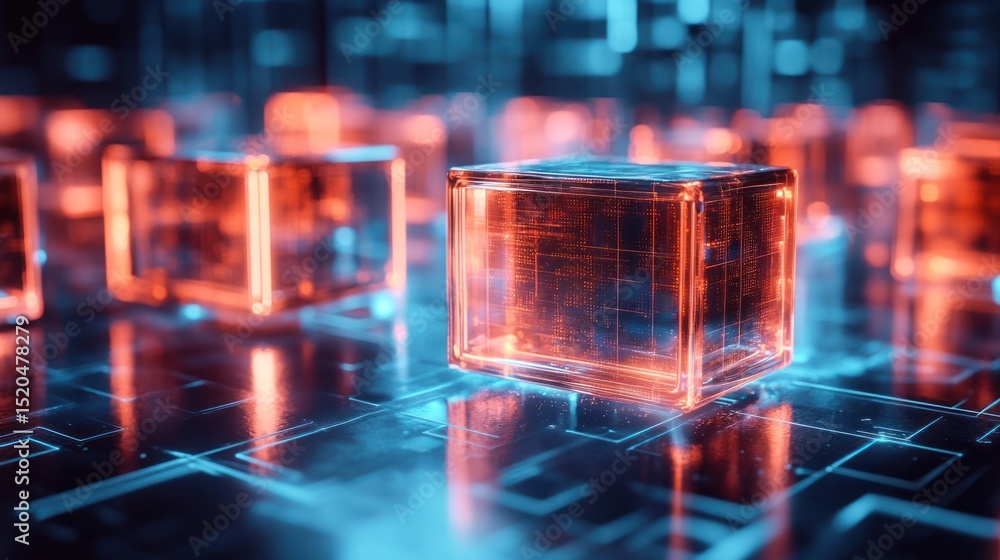 Poster abstract glowing cubes in a digital circuit background. possible use stock photo for technology, inn