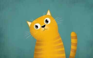 A cute orange tabby cat with big eyes and a curious expression on a teal background