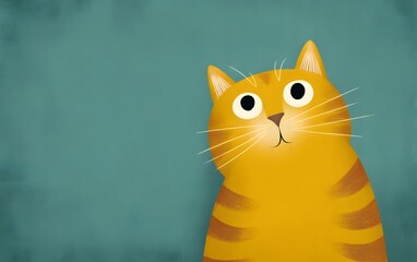 A cute orange tabby cat with big eyes and a surprised expression on a teal background