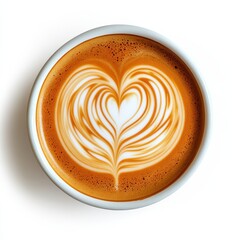 Overhead view of a cup of coffee with latte art in the shape of a heart