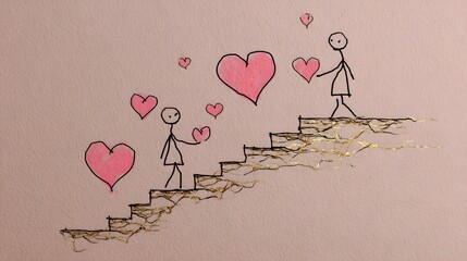 A simple line drawing of two stick figures on a cracked staircase with hearts floating around them, symbolizing love and connection despite obstacles.