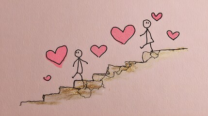 A simple line drawing of two stick figures walking up a cracked path surrounded by pink hearts on a beige background