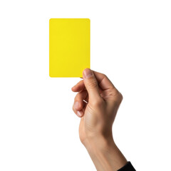 A hand holding up a yellow card from a back view on transparent background.