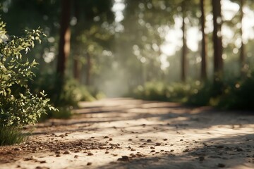 Fototapeta premium Serene Forest Path with Soft Light and Lush Greenery in Morning