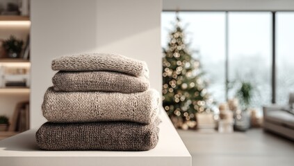 A neatly stacked pile of neutral-toned knit sweaters sits on a minimalist white surface, with a blurred background featuring a Christmas tree and modern living space
